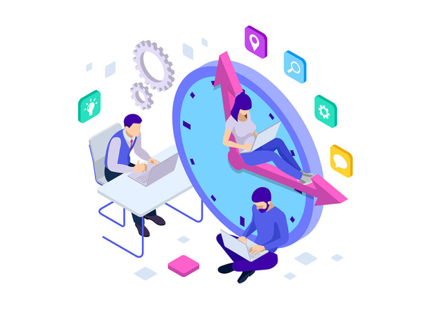 Isometric Effective time management concept. Business people plans and organizes working time, deals deadlines, achieve goals. - Vector, Image