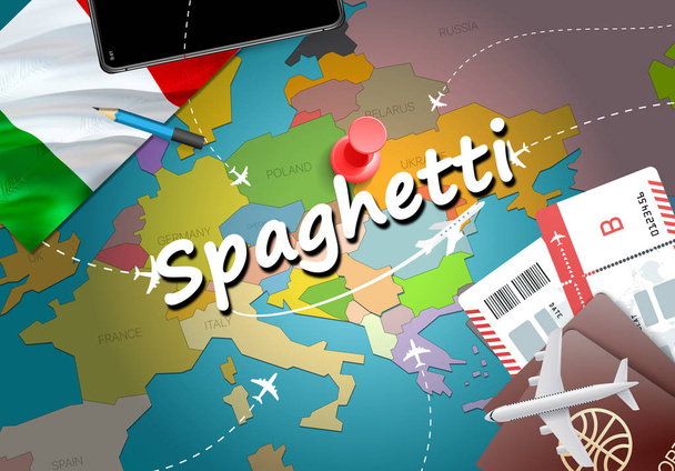 Spagetti şehir seyahat ve Turizm hedef kavramı. İtalya bayrağı ve spagetti şehir haritası üzerindeki. İtalya kavramı harita arka plan seyahat. Bilet uçak ve spagetti tatil İtalyan vacatio için uçuşlar - Fotoğraf, Görsel