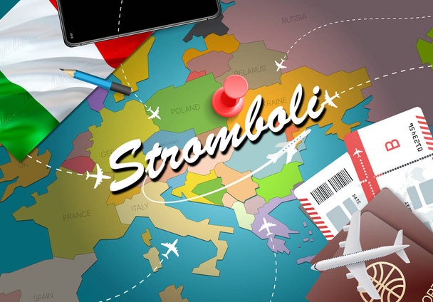 ストロンボリ島都市旅行と観光目的地概念。イタリアの国旗と地図のストロンボリ島市。イタリア旅行コンセプト マップの背景です。飛行機とストロンボリ島の休日イタリア官報への航空券をチケットします。 - 写真・画像