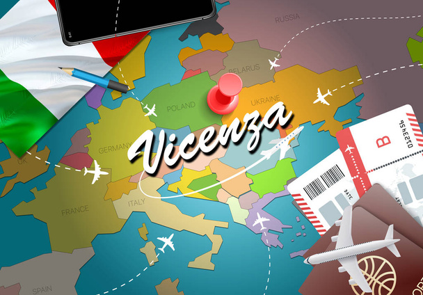 ヴィチェンツァ市旅行・観光目的地概念。イタリアの国旗と地図上のヴィチェンツァ市。イタリア旅行コンセプト マップの背景です。飛行機とヴィチェンツァの休日イタリア官報への航空券をチケットします。 - 写真・画像