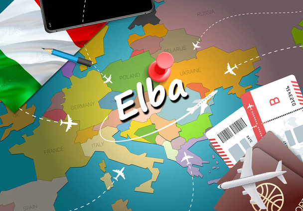 Elba şehir seyahat ve Turizm hedef kavramı. İtalya bayrağı ve Elba şehir haritası üzerindeki. İtalya kavramı harita arka plan seyahat. Bilet uçak ve Elba tatil İtalyan vacatio için uçuşlar - Fotoğraf, Görsel