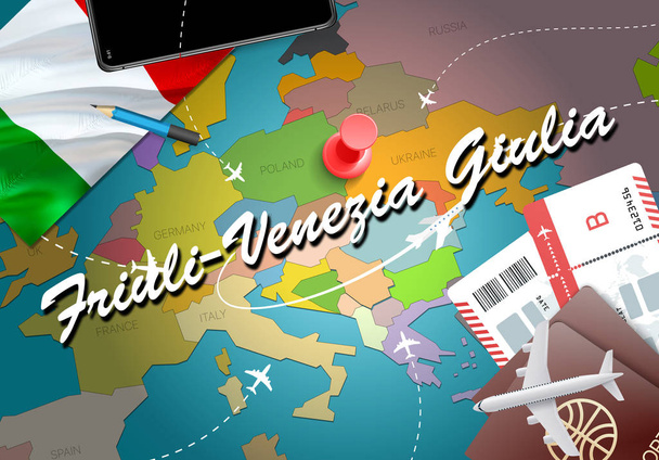 フリウリ = ヴェネツィア ・ ジュリア都市旅行と観光目的地概念。イタリアの国旗と地図フリウリ = ヴェネツィア ・ ジュリア空港都市。イタリア旅行コンセプト マップの背景です。飛行機とフリウリ = ヴェネツィア ・ ジュリアの休日イタリア官報への航空券をチケットします。 - 写真・画像