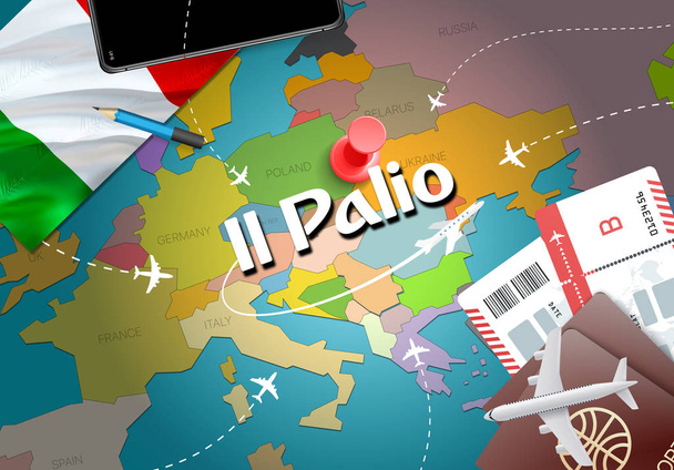 Il Palio város utazás és a turizmus rendeltetési koncepció. Olaszország zászló és Il Palio városi térképen. Olaszország utazás koncepció megjelenítése háttér. Jegyek a repülőgépek és a járatok Il Palio ünnepek olasz vacatio - Fotó, kép