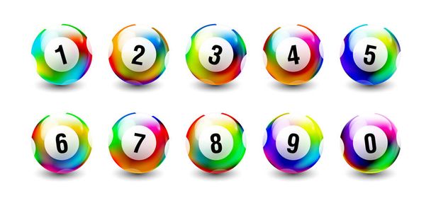 Holographic Rainbow Balls isolated on white background from 0 to 9. - Vector, Image