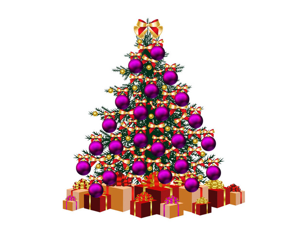 красивая елка с декоративными фиолетовыми безделушками и подарочными коробками, изолированными на белом
 - Вектор,изображение