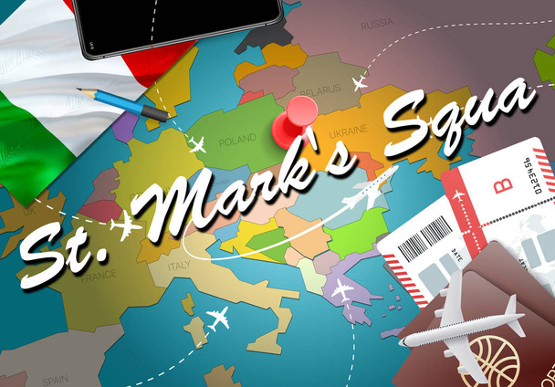 Szent Márk Squa város utazás és a turizmus rendeltetési koncepció. Olaszország zászló és Szent Márk Squa városi térképen. Olaszország utazás koncepció megjelenítése háttér. Jegyek a repülőgépek és a Szent Márk Squa ünnepek olasz vacatio járatok - Fotó, kép