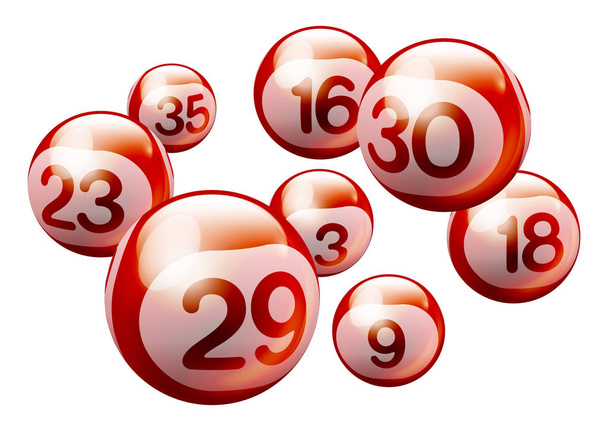 Red 3D Bingo Lottery Number Balls Isolated on White Background - Vector, Image