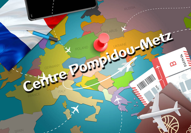 Centre Pompidou-Metz stad reizen en toerisme bestemming concept. Vlag van Frankrijk en Centre Pompidou-Metz stad op kaart. Frankrijk reizen concept kaart achtergrond. Vliegtuigen en vluchten naar Centre Pompidou-Metz vakantie Frans vacatio tickets - Foto, afbeelding