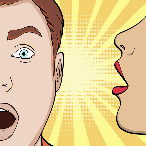 Pop art background, imitation of comics. A girl whispers in his ear guy, seducing a man, a secret. Vector - Vector, Image