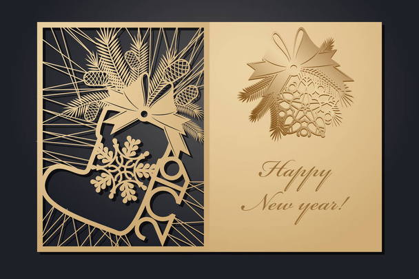 Template Christmas cards for laser cutting. Through silhouette New Years picture. vector illustration. - Vector, Image