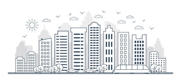 Thin line style city skyline. landscape with buildings, streets, cars, trees and trains. Panorama of city skyline. - Vector, Image