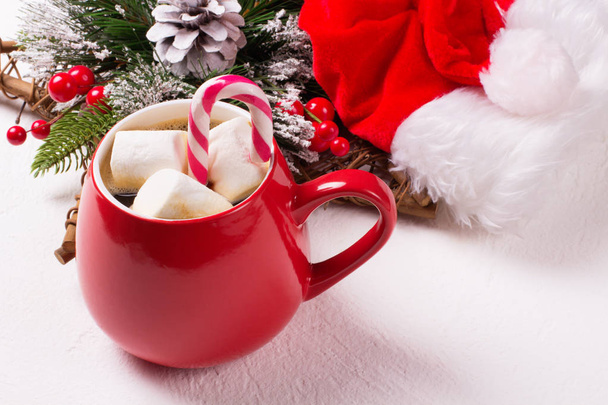 Christmas. Red mug with coffee. White background - Zdjęcie, obraz