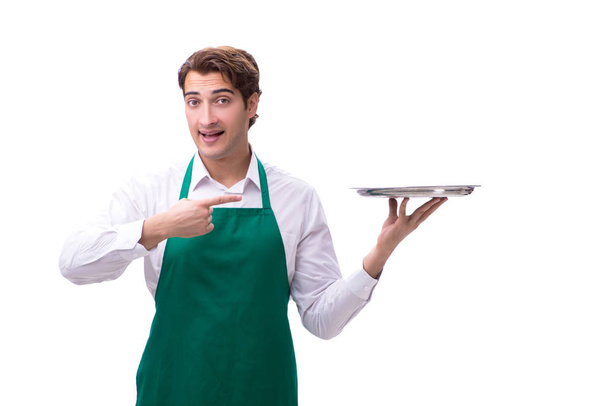 Νεαρός σερβιτόρος απομονωμένος σε λευκό φόντο - Φωτογραφία, εικόνα