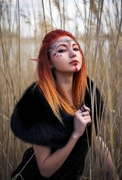 Elf women with fiery hair on nature. Beautiful young fantasy style girl. Cosplay character  - Photo, Image