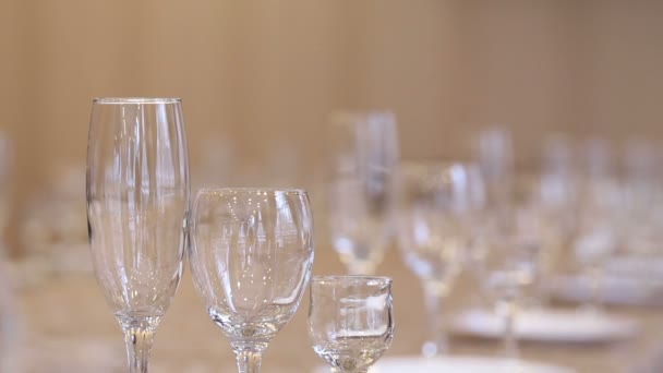 Prázdných sklenic na šampaňské, víno a vodky na slavnostní stůl v restauraci, posun zaměření skla. Dekorace na stůl - Záběry, video