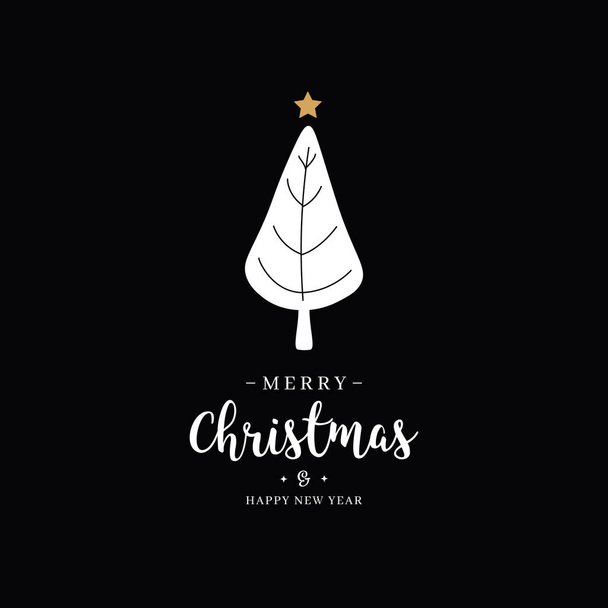 Merry christmas greeting text tree gold star black background - Вектор,изображение