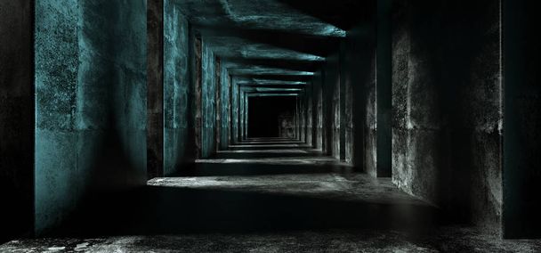 Lange Sci Fi lege minimalistische donker blauw verlicht Grunge Concrete zwart einde Corridor Tunnel met lege ruimte voor tekst en grote betonnen kolommen 3d Rendering illustratie - Foto, afbeelding