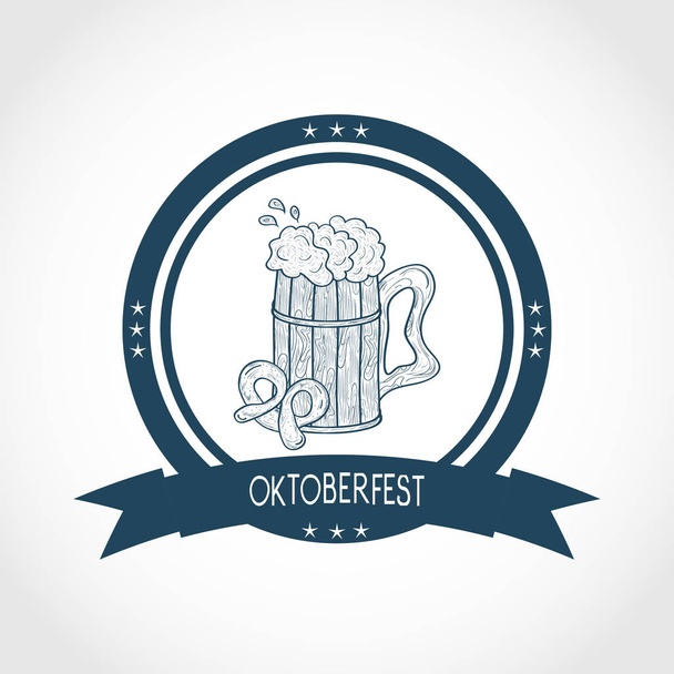 Oktoberfest. A mug of beer, foam, pretzel. Sketch. Logo, emblem. Monochrome. Blue - Vector, Image