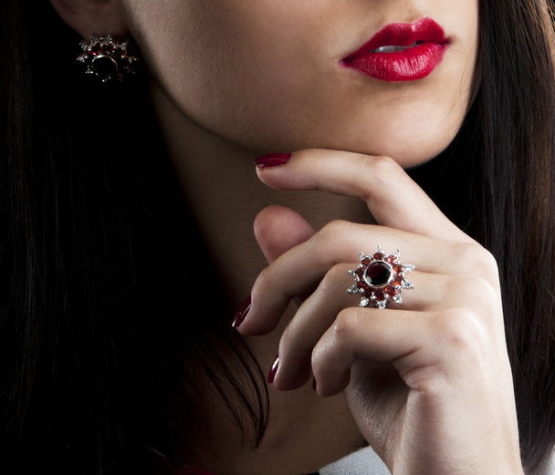 earrings and ring with garnets - Φωτογραφία, εικόνα