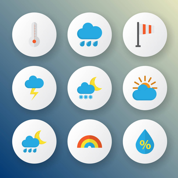Climat icônes ensemble de style plat avec pluie, douche, givre et autres éléments d'arc. Illustration vectorielle isolée icônes climatiques
. - Vecteur, image
