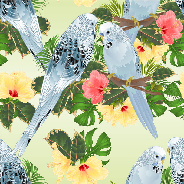 Varrat nélküli textúra madarak csapat törpepapagájt, hazai kedvencek, felhívni a trópusi virágok hibiscus, palm, filodendron vintage vektoros illusztráció szerkeszthető kéz egy ág csokor kék pets törpepapagájok - Vektor, kép