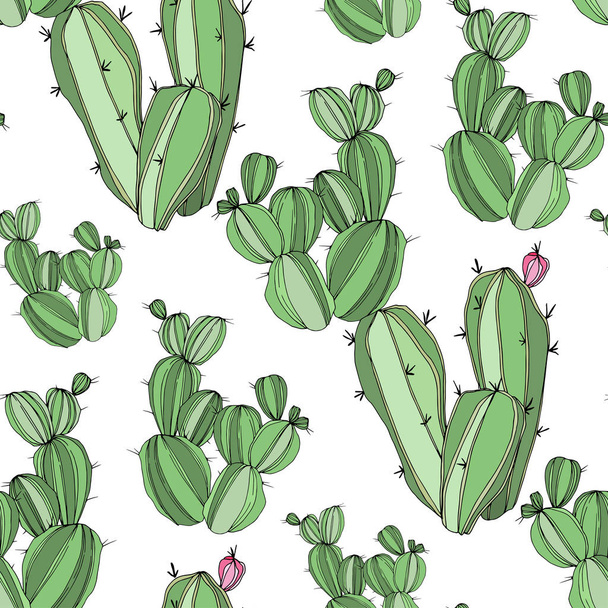 Vector Cactus. Green engraved ink art.Seamless background pattern. Fabric wallpaper print texture. - Vector, Image