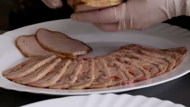Arranging slices of braised meat and roulade of chicken on a white plate - Footage, Video