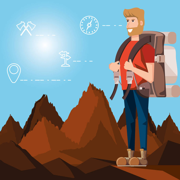man tourist in landscape with set icons - Vector, Image