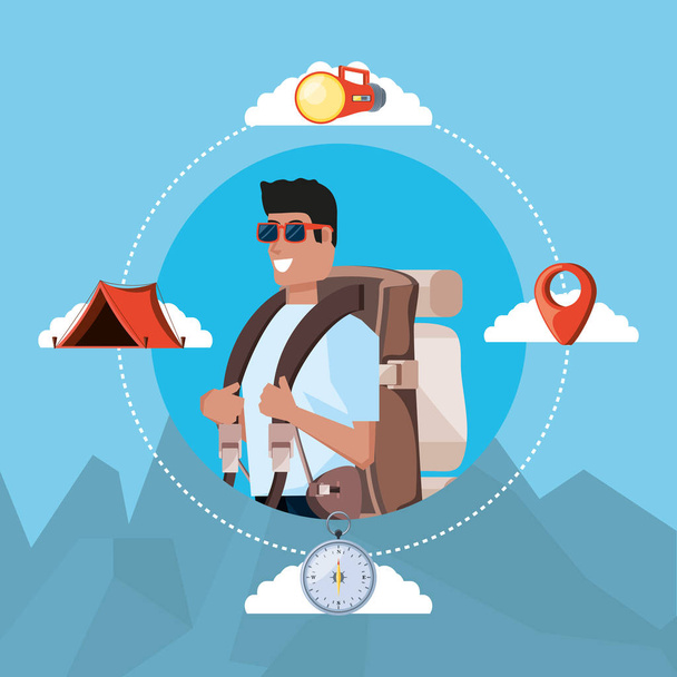 turista hombre con bolsa de camping y establecer iconos
 - Vector, Imagen