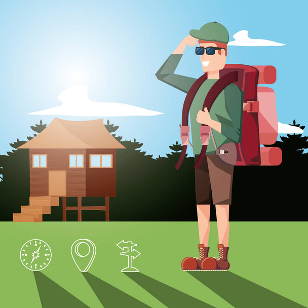 man toerist in camping zone en set pictogrammen - Vector, afbeelding