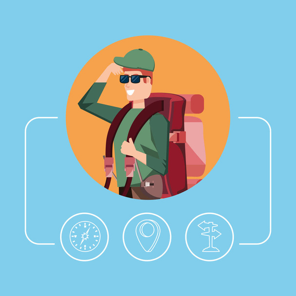 турист с сумкой кемпинг и установить иконы
 - Вектор,изображение