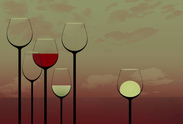 This is an illustration showing stemware, very tall wine glasses in an elegant composition. This is an illustration - Foto, imagen
