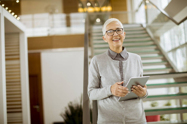 Pretty, positive, aged woman with beaming smile holding tablet in modern office - Photo, Image