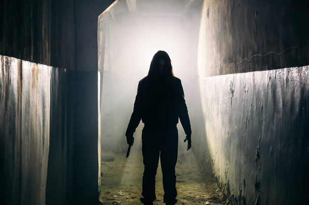 Silhouette of man maniac or killer or horror murderer with knife in hand in dark creepy and spooky corridor. Criminal robber or rapist concept in thriller atmosphere - Foto, afbeelding