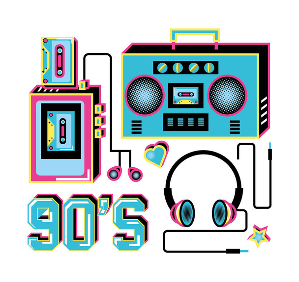 přehrávač Walkman se sluchátky a rádio devadesátých let retro - Vektor, obrázek