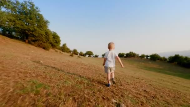 Játékos európai kisfiú fut végig rét a naplemente lassított Steadicamnél létrehozni lövés - Felvétel, videó