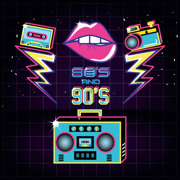 radio with icons of eighties and nineties retro - Vector, Image