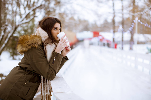 Jeune femme buvant du thé ou du café pendant l'hiver nature fond extérieur
 - Photo, image