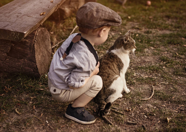 Lindo, pequeño niño disfrutando de un día cálido de otoño con un gato
 - Foto, imagen
