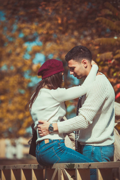 Amorosa pareja se está abrazando en el puente en el parque y disfrutar del hermoso día de otoño
 - Foto, imagen
