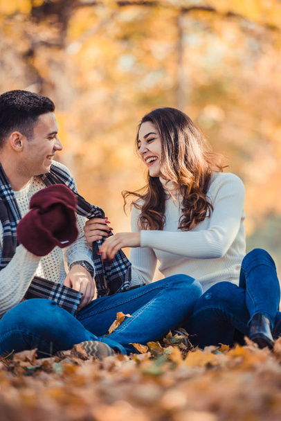 Loving couple is looking happy while smiling and sitting in the park - 写真・画像