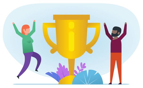 Man and woman celebrate victory and stand near big golden cup. Best team, award. The winner, be the first. Flat design vector illustration - Vector, Image