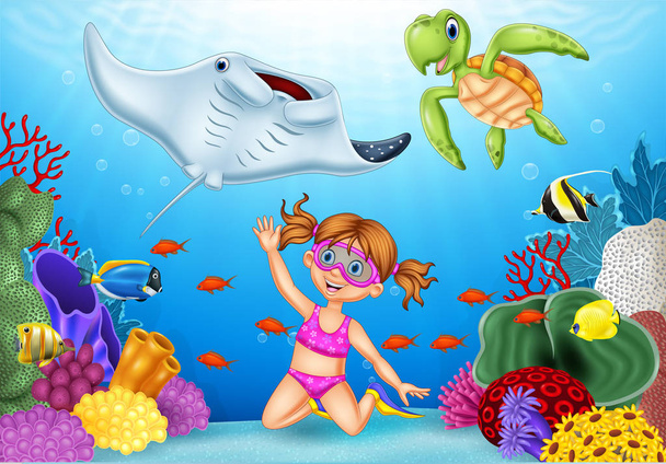 Vektor-Illustration von Cartoon kleines Mädchen taucht in tropischem Unterwasser-Meer - Vektor, Bild