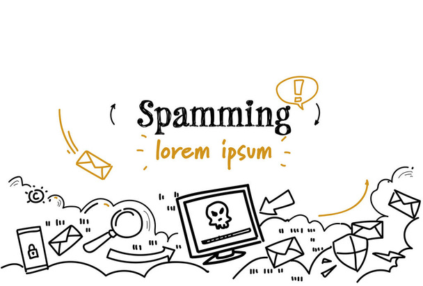 e-maildoos hacken spam waarschuwing postbus spamming concept schets doodle horizontale geïsoleerde kopie ruimte - Vector, afbeelding