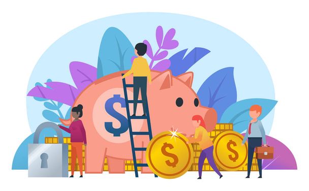 Small people working near big piggy bank, golden coins. Secure savings, financial growth concept. Poster for social media, web page, banner, presentation. Flat design vector illustration - Vector, Image