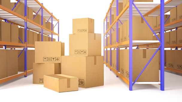 cajas apiladas y de cartón en almacén
 - Foto, Imagen