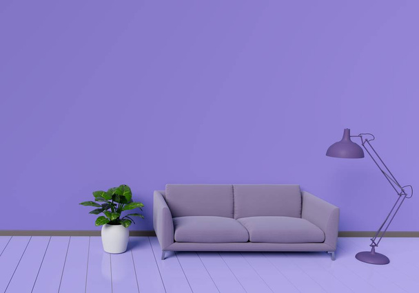 modernes Interieur des lila Wohnzimmers mit Sofa und Pflanzentopf auf weißem, glänzenden Holzboden. Lampenelement. Wohn- und Wohnkonzept. Lifestyle-Thema. 3D-Darstellung. - Foto, Bild