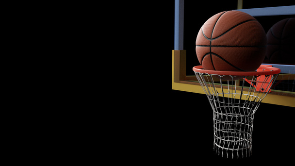 Basketbal, jít do hoop na černém pozadí, samostatný pozadí. Sport a konkurenční herní koncept. 3D obrázek. - Fotografie, Obrázek