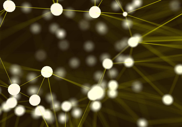 Yellow futuristic abstract network nodes background. Technology and Science Concept. Bokeh light element. Computer communication and connection in Internet of things theme. 3D illustrations rendering. - Photo, Image
