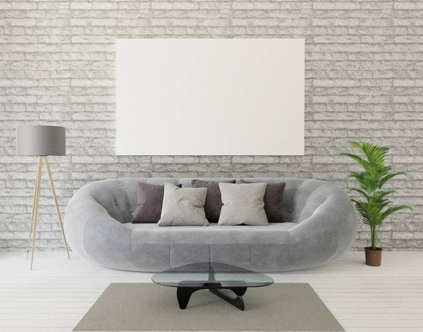 3D vykreslování podkrovní obývací pokoj s šedou pohovku, lampa, strom, cihlovou zeď, koberec, anf rám pro zesměšňovat nahoru - Fotografie, Obrázek